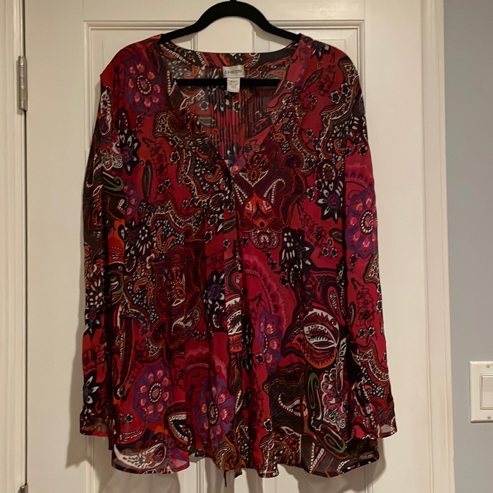 Paisley V-Neck Long Sleeve Blouse - Red
